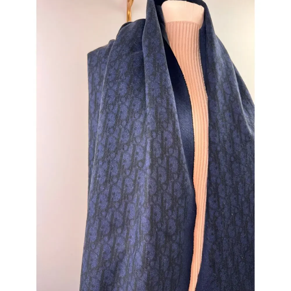 DIOR Oblique Navy Black Double-Sided Scarf Cashmere Fringed Edges Around Neck